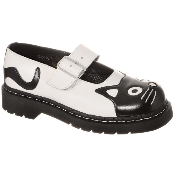 Kitty Cat Face White Black Anarchic Brogue Leather Mary Jane Strap Shoes T.U.K
